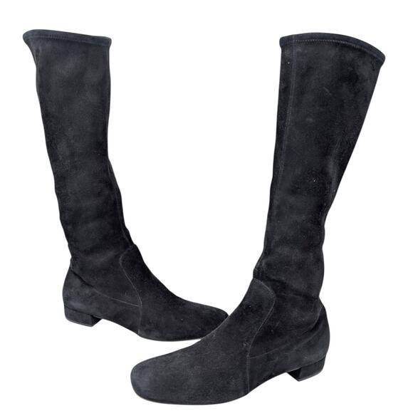 Prada Black Suede Knee High Stretch Boots Square Toe Flat Heel Women’s 37.5 - Picture 8 of 9